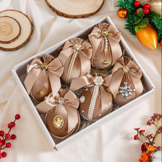 Velvet Christmas Tree Ornaments Set - 6 Pcs - Coffee Color