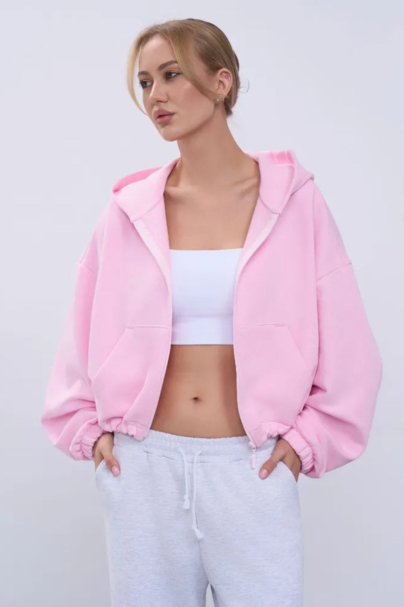 Cropped Fleece Zip Adjustable Waist Hoodie Secondary image