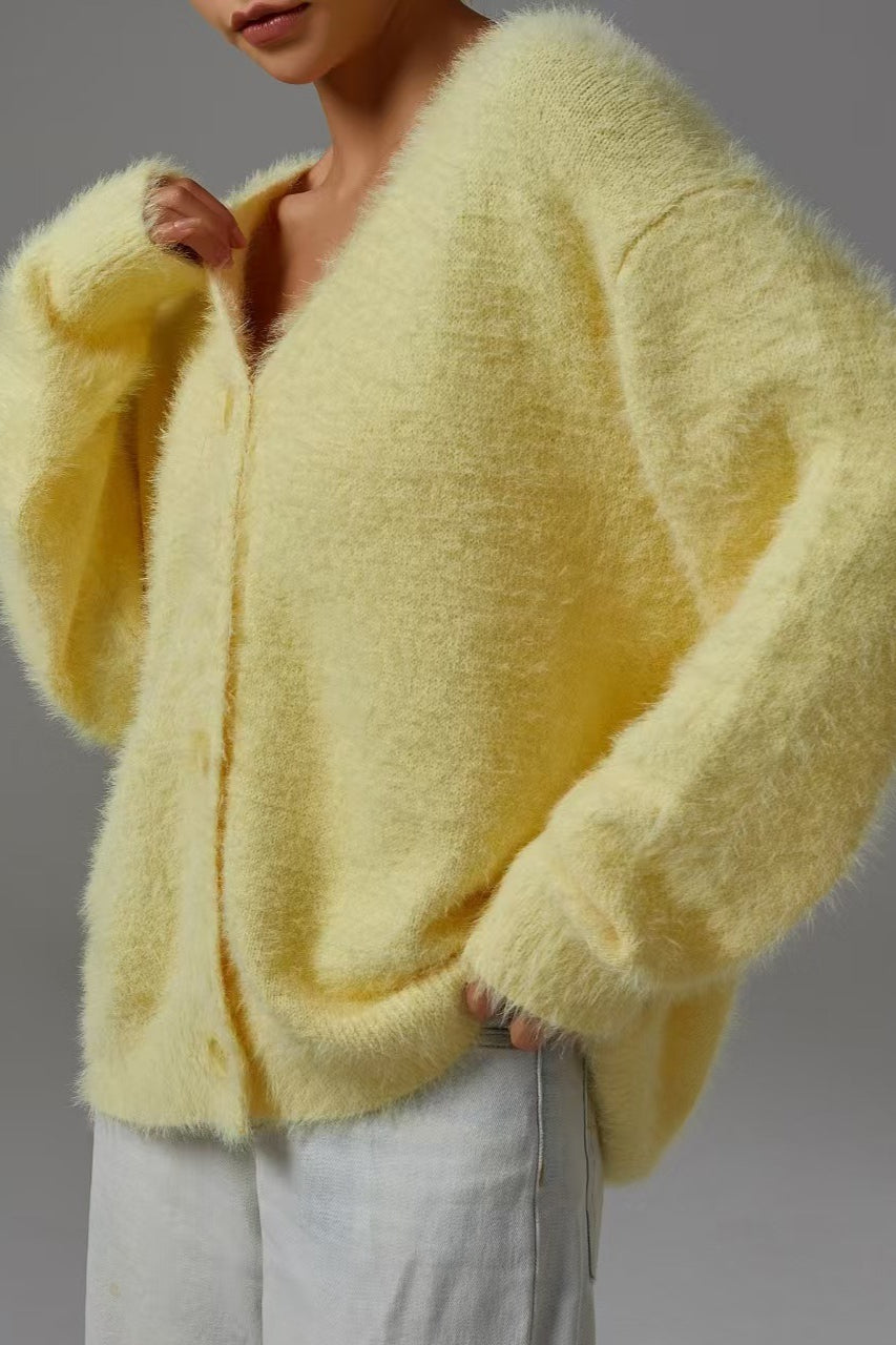Faux Fur Blend V-Neck Cardigan S / Yellow