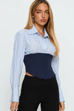Corset Waist Striped Long Sleeve Blouse