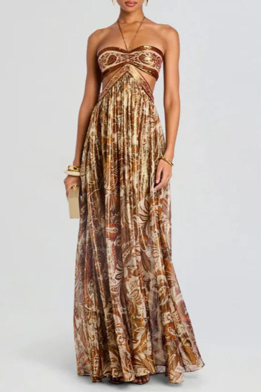 Strapless Lace Up Pleated Boho Dress