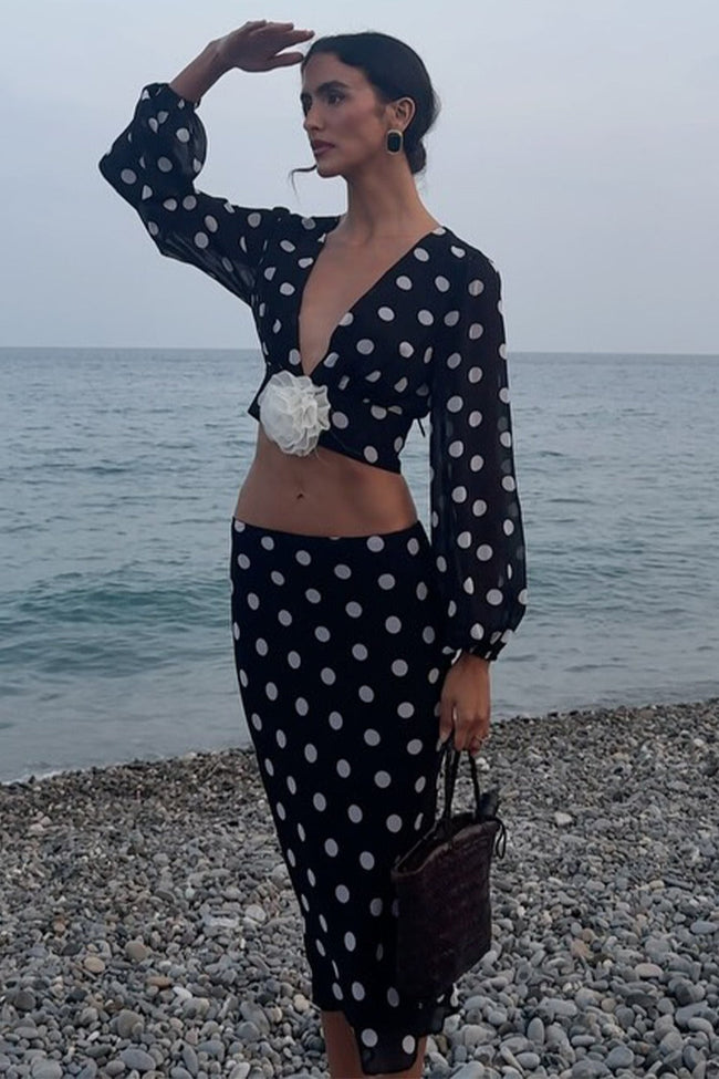 Polka Dot V-Neck Crop Skirt Two Pieces Set Main image