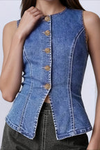 Floral Button Fitted Denim Vest Tank Top