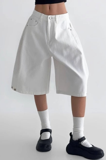 White High Waist Minimalist Wide Leg Denim Shorts Main image