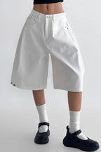 White High Waist Minimalist Wide Leg Denim Shorts