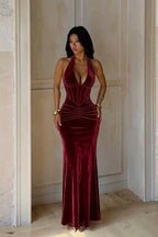 Deep V Velvet Ruched Halter Formal Dress