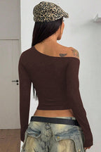 Off Shoulder Asymmetrical Neck Long Sleeve Tee