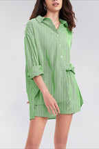 Striped Lapel Long Sleeve Blouse Shorts Set