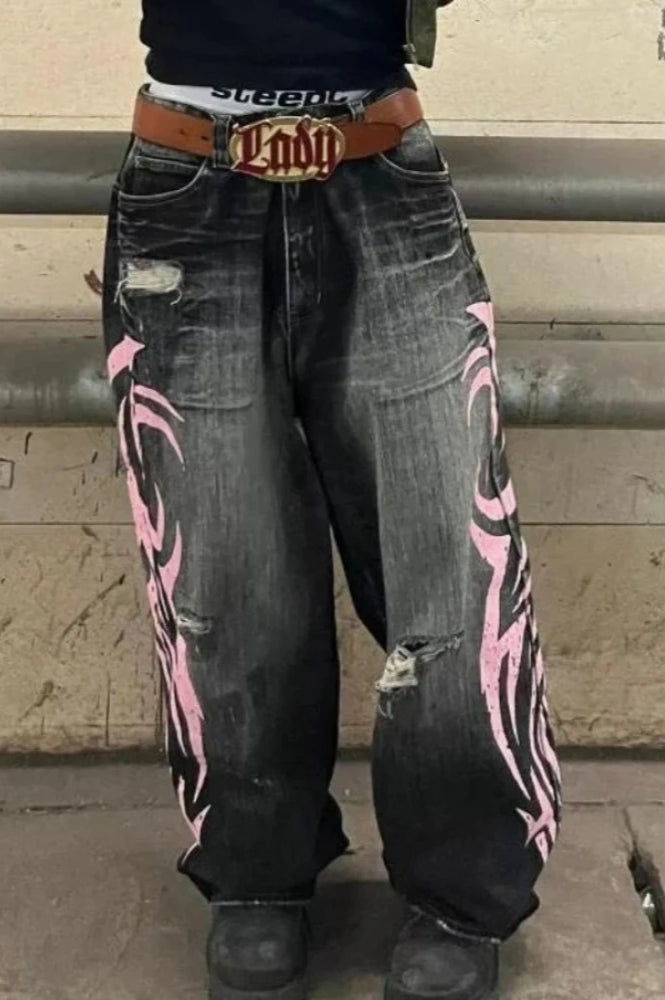 Gothic Print Wide Leg Jeans