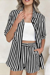 Button Down Striped Short Sleeve Blouse Shorts Set