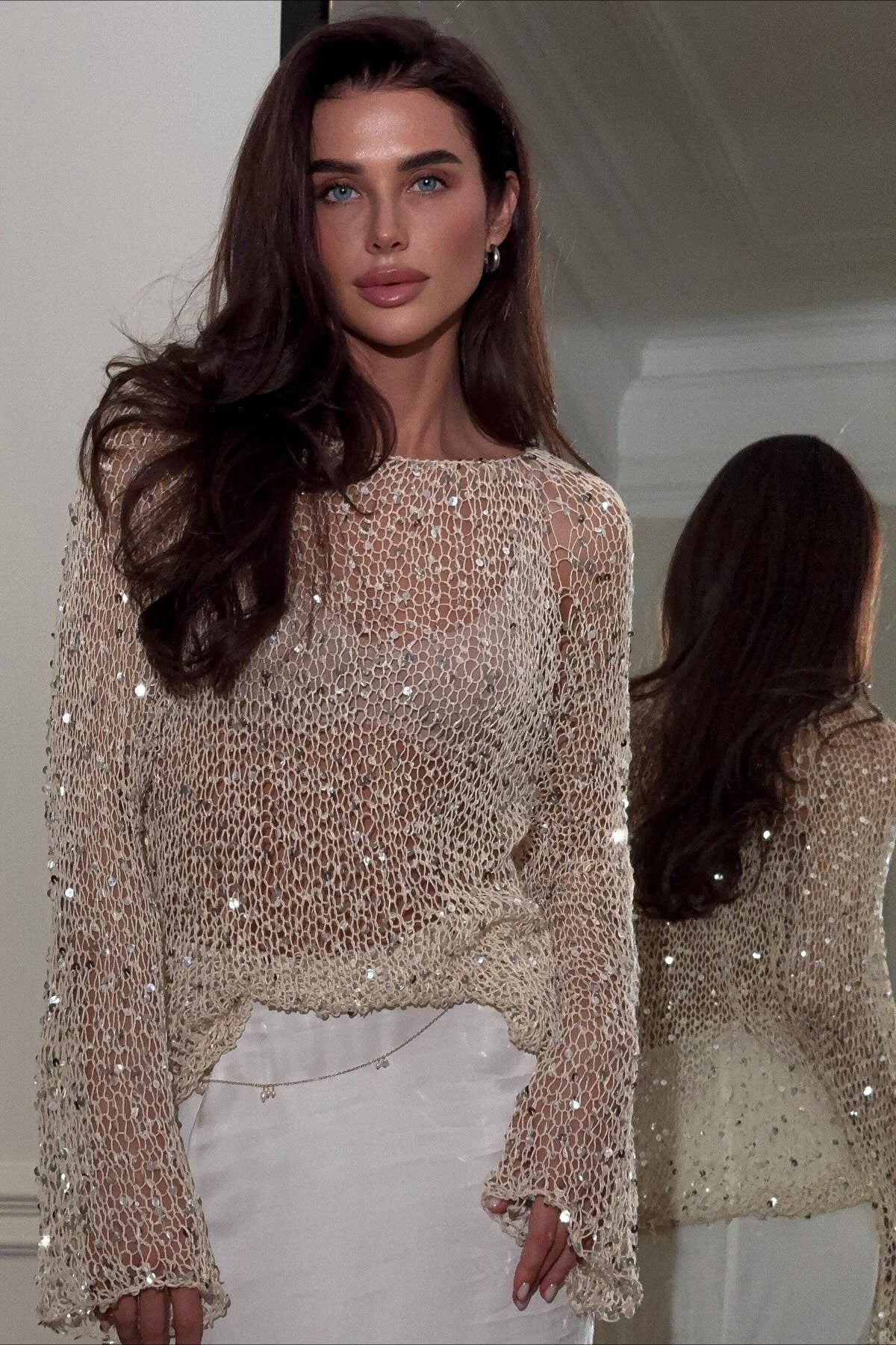 Sequin Trim Long Sleeve Knit Mesh Top Secondary image