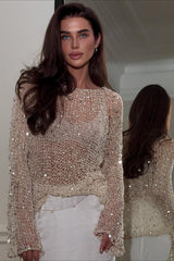Sequin Trim Long Sleeve Knit Mesh Top