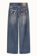 Plus Size Colorful Embroidered Loose Straight Leg Jeans