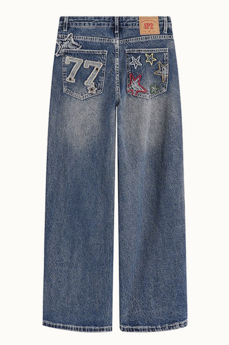 Plus Size Colorful Embroidered Loose Straight Leg Jeans