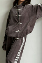 Stand Collar Suede Jacket Wide Leg Two Piece Set