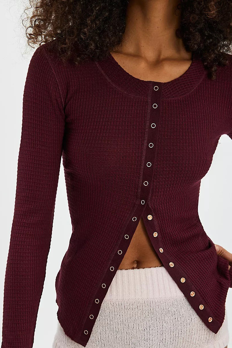 Waffle Knit Cardigan S / Red