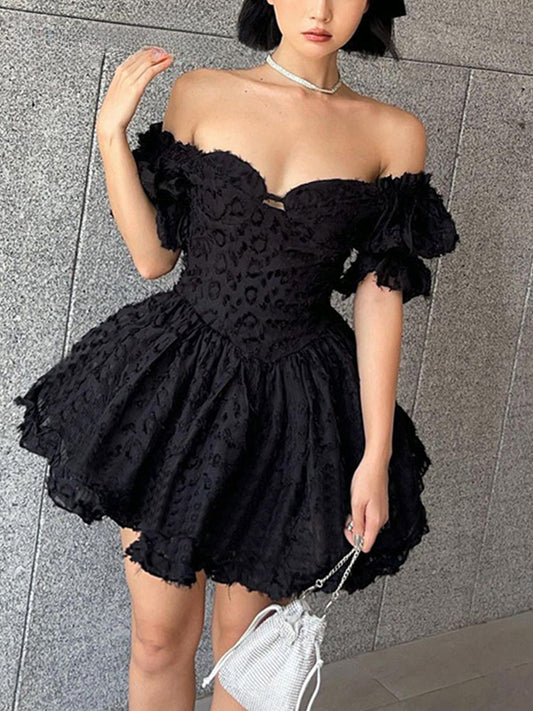 Lolita Summer Vintage High Waist Black Gown Goth Aesthetic Puff Sleeve V-neck Corset Mini Dress