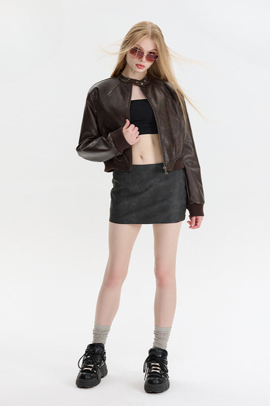 PU Leather Zip Up Bomber Jacket Main image