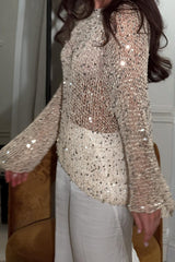 Sequin Trim Long Sleeve Knit Mesh Top
