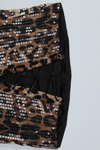 Leopard Print Lace Up Corset Sequin Midi Skirt Set