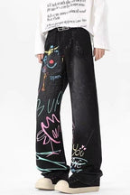 Graffiti Print Baggy Wide Leg Denim Jeans