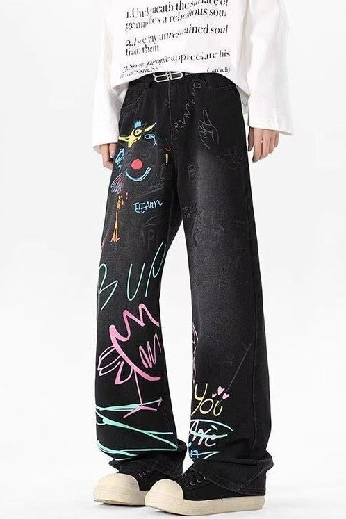 Graffiti Print Baggy Wide Leg Denim Jeans