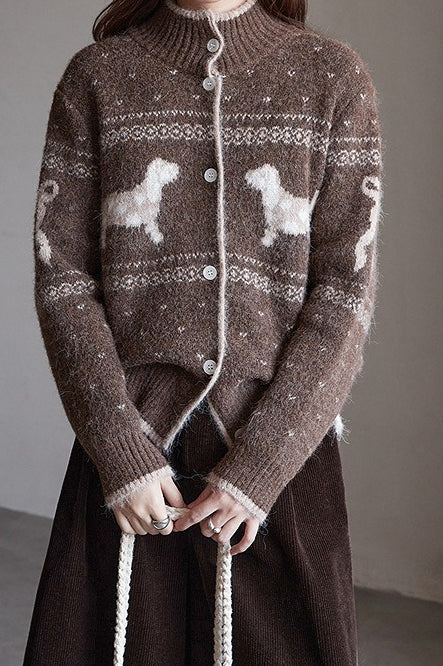 Vintage Stand Collar Puppy Print Jacquard Sweater Main image