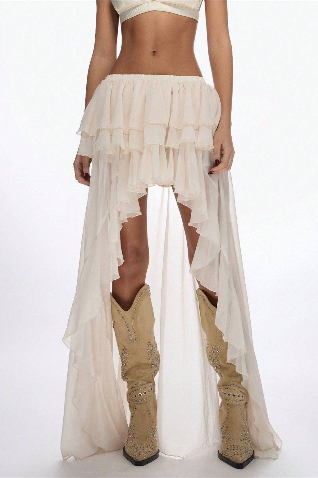 High Waist Asymmetric Tiered Chiffon Skirt