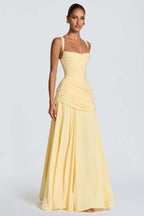 Square Neck Ruched Milk Silk Formal Dress