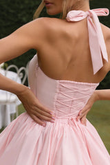 Elegant Halter Tie Bow Puffy Hem Mini Dress