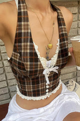 Sexy Plaid Lace Trim Halter Crop Top