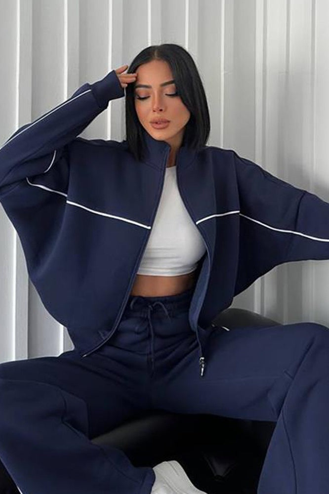 Stand Collar Zip Sweatshirt Stripe Pants Set