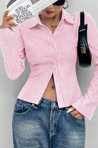 V Neck Striped Long Sleeve Blouse