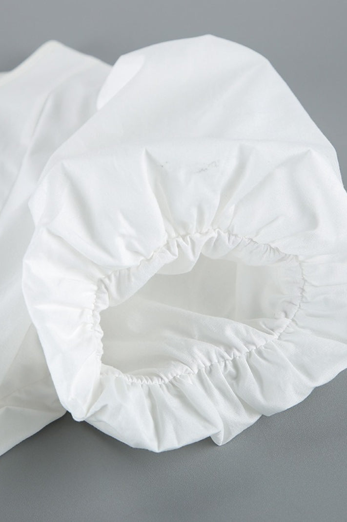 White Lace Trim Ruched Waist Puff Sleeve Blouse