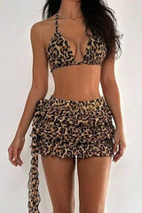 Leopard Print Tie Back Ruffle Bikini Skirt Set