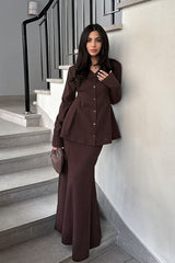 V Neck High Waist Fishtail Two Piece Blazer Skirt Set