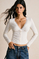 Slim Fit Long Sleeve Lace V Neck Blouse
