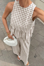 Plaid Ruffle Hem Round Neck Sleeveless Pants Set