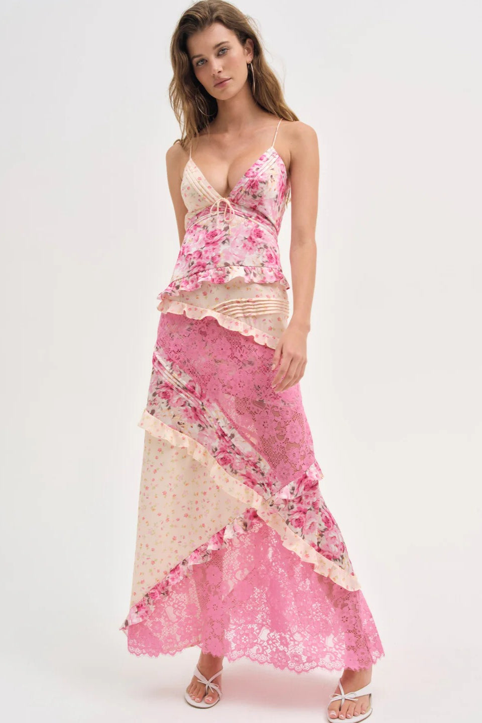 Floral Lace Panel Deep V Spaghetti Strap Maxi Dress Main image