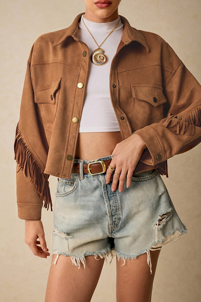 Fringe Trim Drop Shoulder Casual Jacket Brown / S Main image