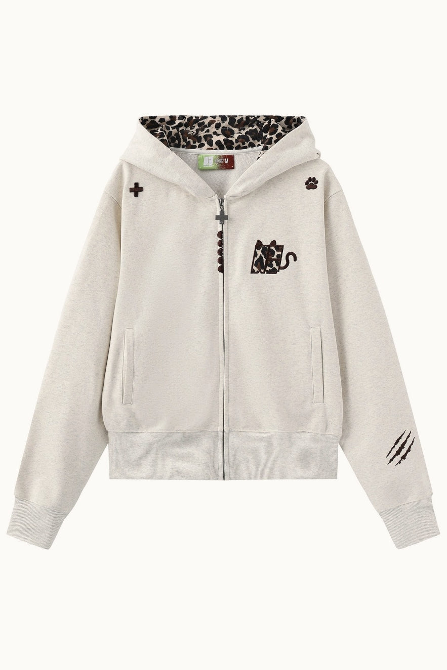 Leopard Lined Devil Horn Cross Zip Hoodie