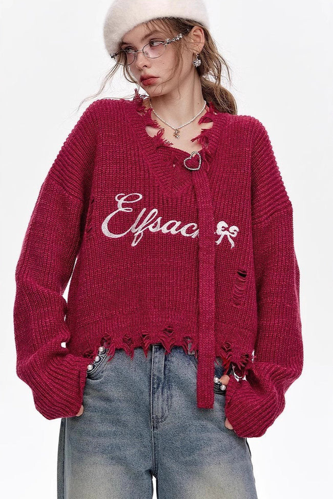 Red Embroidered Raw Edge Wool Blend Sweater Main image