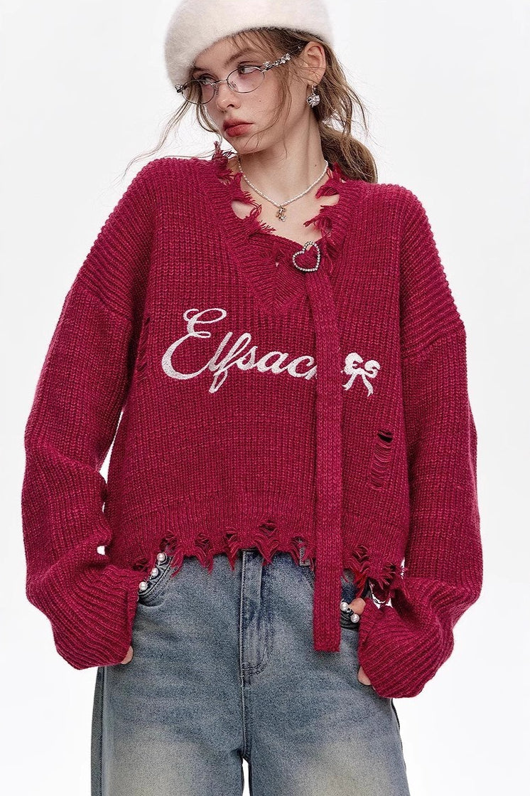 Red Embroidered Raw Edge Wool Blend Sweater Main image
