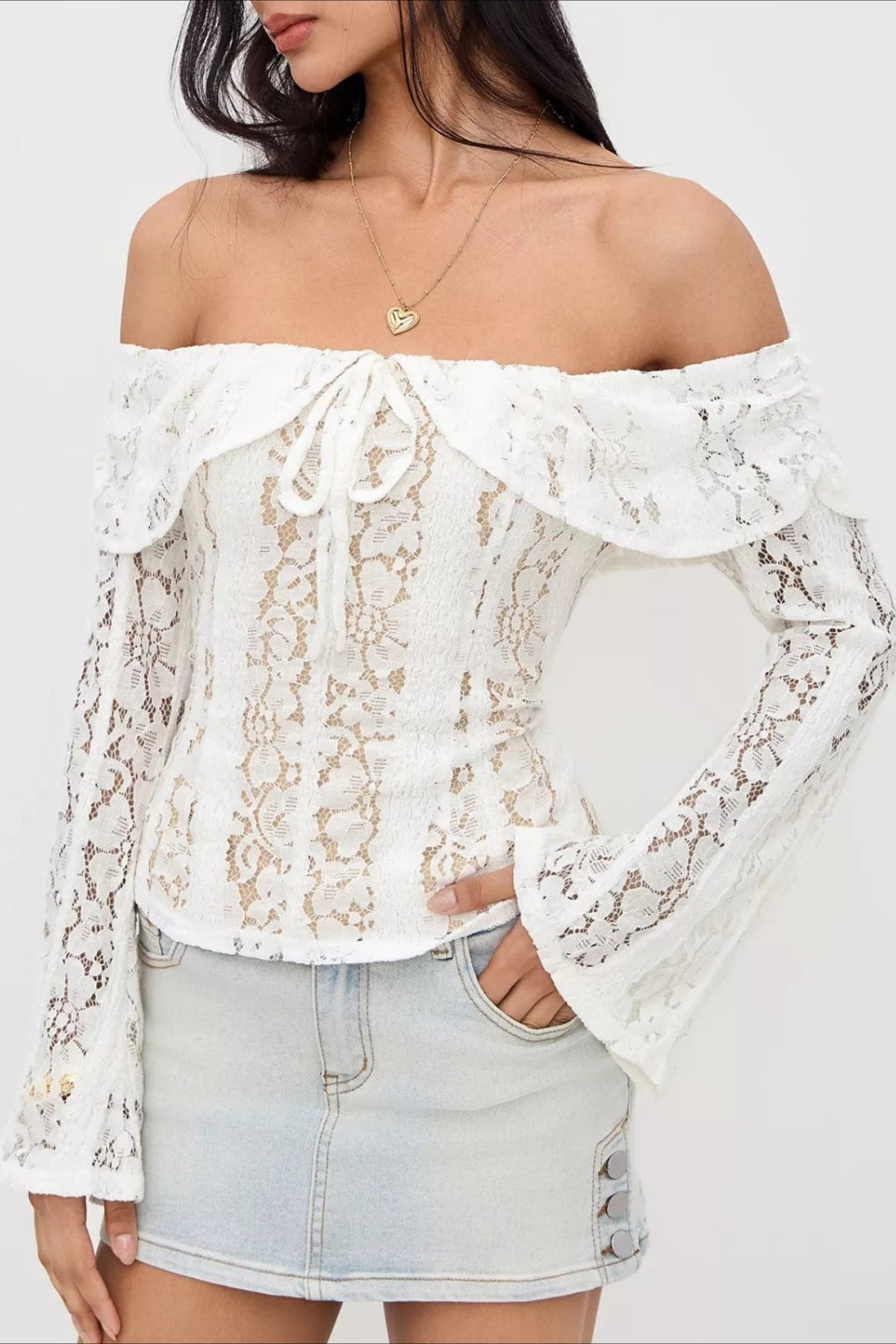 Off Shoulder Lace Patchwork Bodycon Long Sleeve Tee Main image