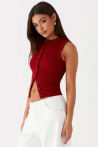 Round Neck Button Detail Ribbed Slim Tank Top