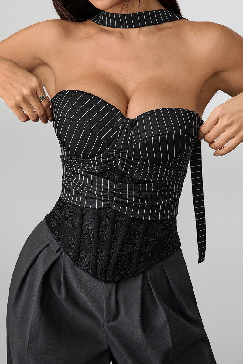 Stripe Lace Trim Backless Corset Tube Top
