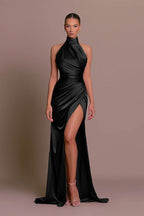 High Neck Draped Satin Slit Formal Dress