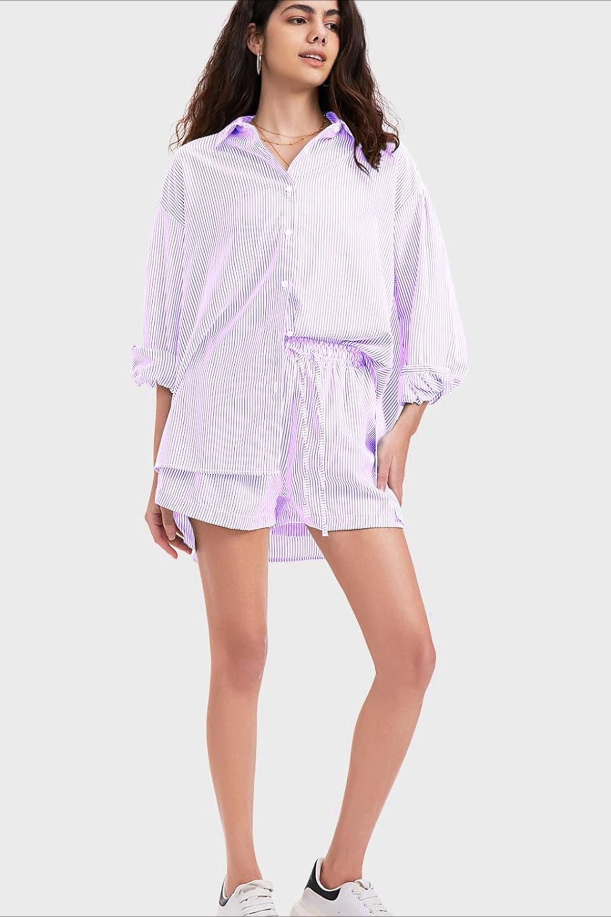 Striped Lapel Long Sleeve Blouse Shorts Set Secondary image