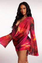 Artistic Print Tie Mesh Three Piece Swim Set