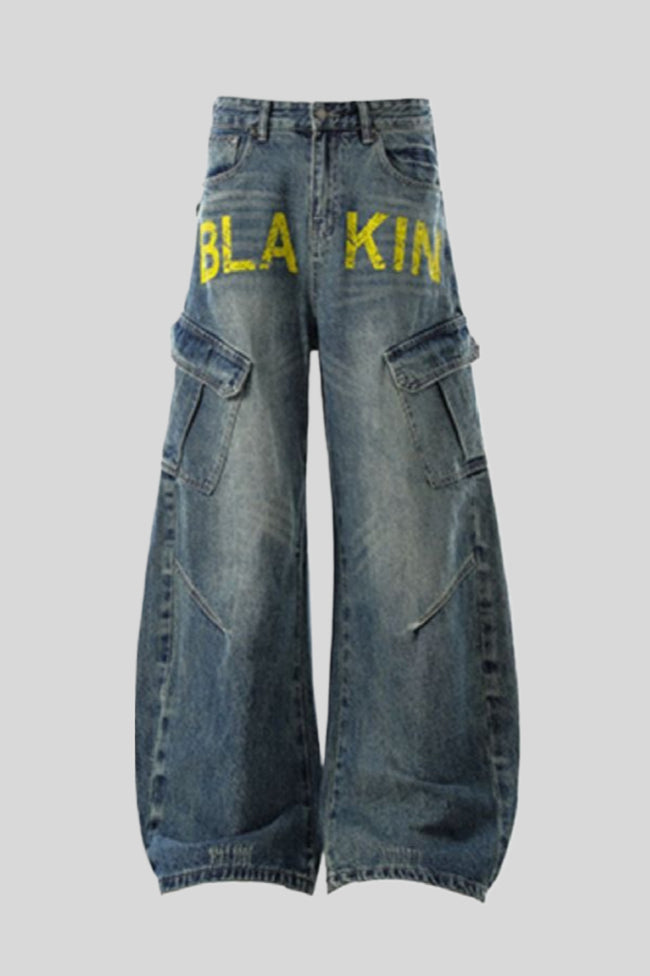 Yellow Typography Cargo Wide Leg Jeans Main image